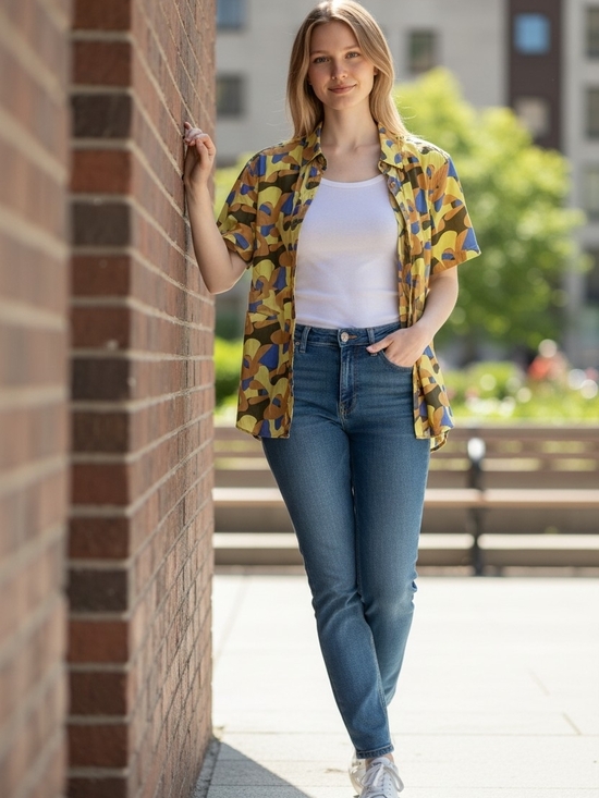 Wildfang Tops - Wildfang Yellow Multicolor Short-Sleeve Button-Down Shirt